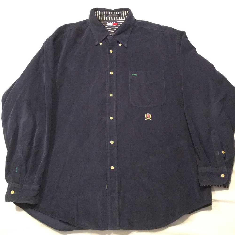VTG 90S HILFIGER Navy LION CREST CORDUROY SHIRT XL